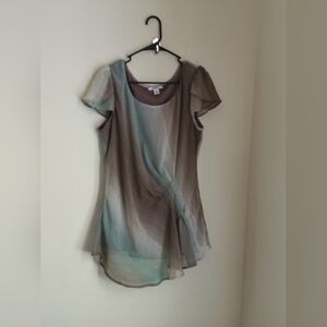 Dressbarn Blouse Women XL Gray and Green Asymmetrical Ruffled Academia Office 90